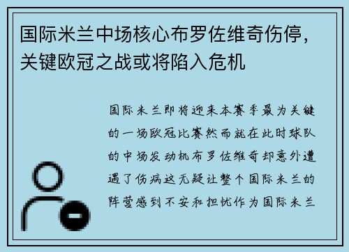 国际米兰中场核心布罗佐维奇伤停，关键欧冠之战或将陷入危机