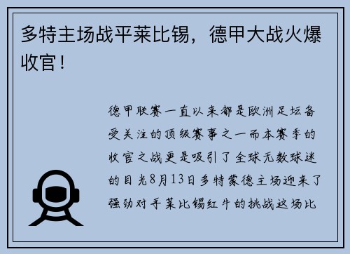 多特主场战平莱比锡，德甲大战火爆收官！