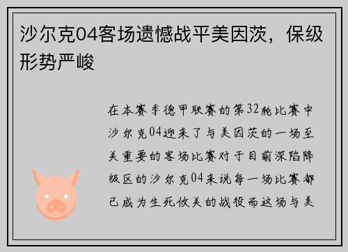 沙尔克04客场遗憾战平美因茨，保级形势严峻